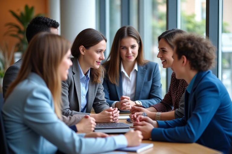 A diverse group of professional career coaches in a collaborative meeting.