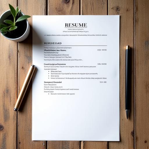 A professional resume and a pen on a wooden desk.